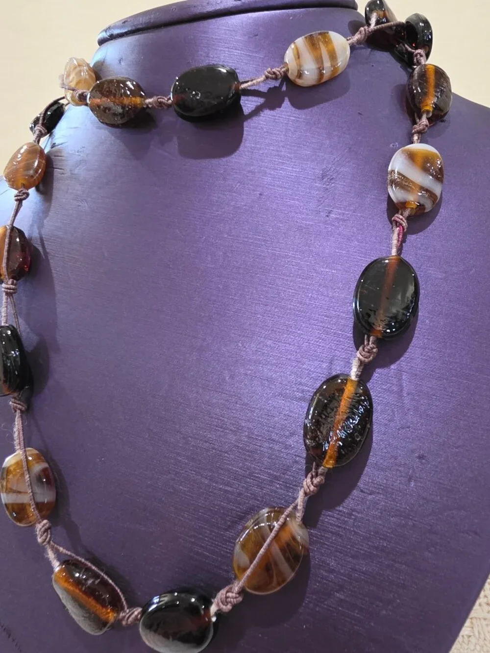 Artisan BOHO Earth Colors Rootbeer Brown Stripe Amber Art Glass Long Necklace